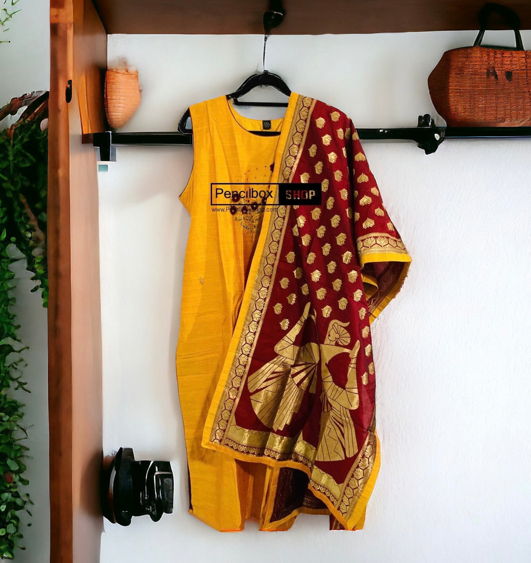 Silk Yellow 3 pieces suit with banarasi dupatta