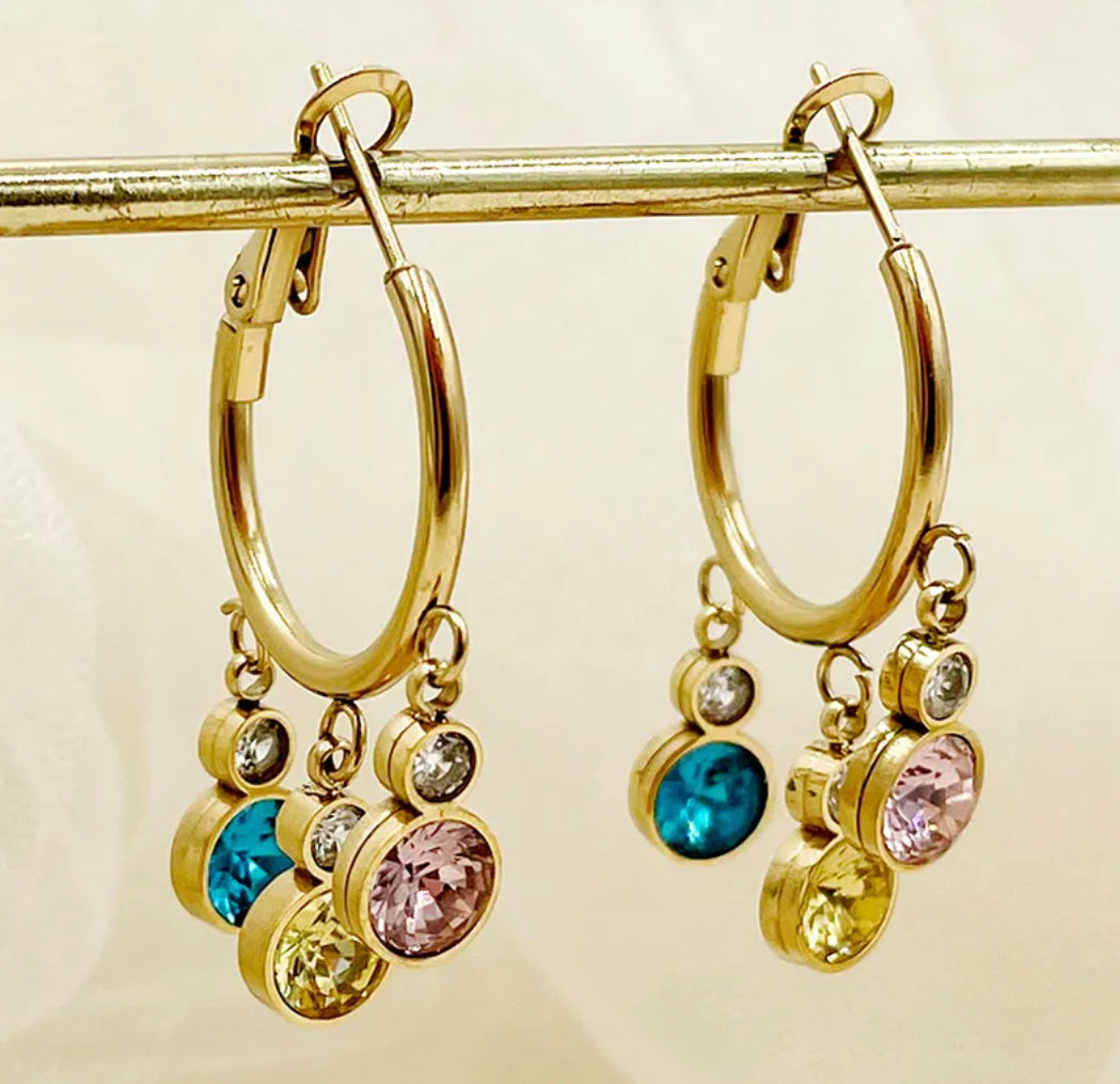 18k gold plated Stainless Steel Multicolor stone dangling  earrings IDW