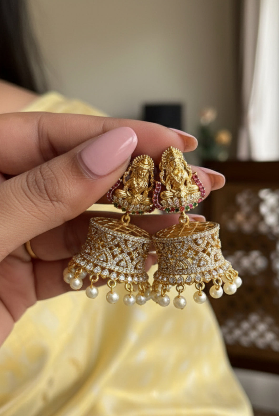 Multicolor Temple Gold Finish Cz lakshmi ji jhumka earrings