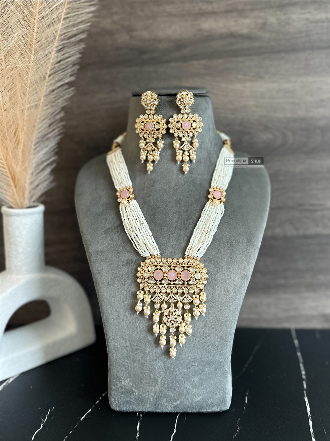 Falak 22k gold plated pink Pearl Long Tayani Premium Necklace set