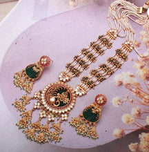 Load image into Gallery viewer, Rajwadi Peacock Rajwadi Green White Pearl Long Mala Necklace set
