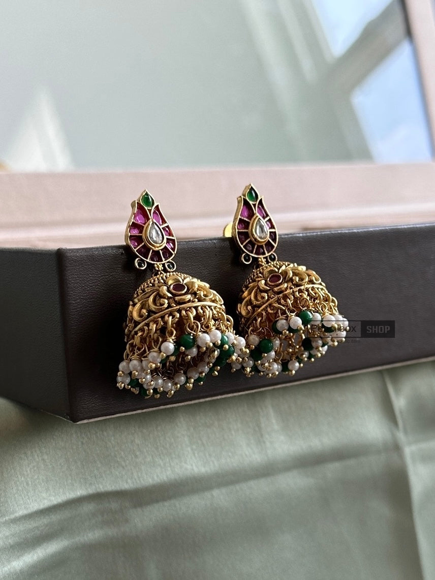 Kemp stone jadau Multicolor Ethnic jhumka pearl green earrings