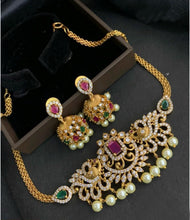 Load image into Gallery viewer, Peacock cz Kemp Stone Choker temple ethnic Necklace set
