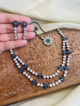 Load image into Gallery viewer, Two layer American Diamond Multicolor Victorian Polish Hanging Necklace set with maangtikka
