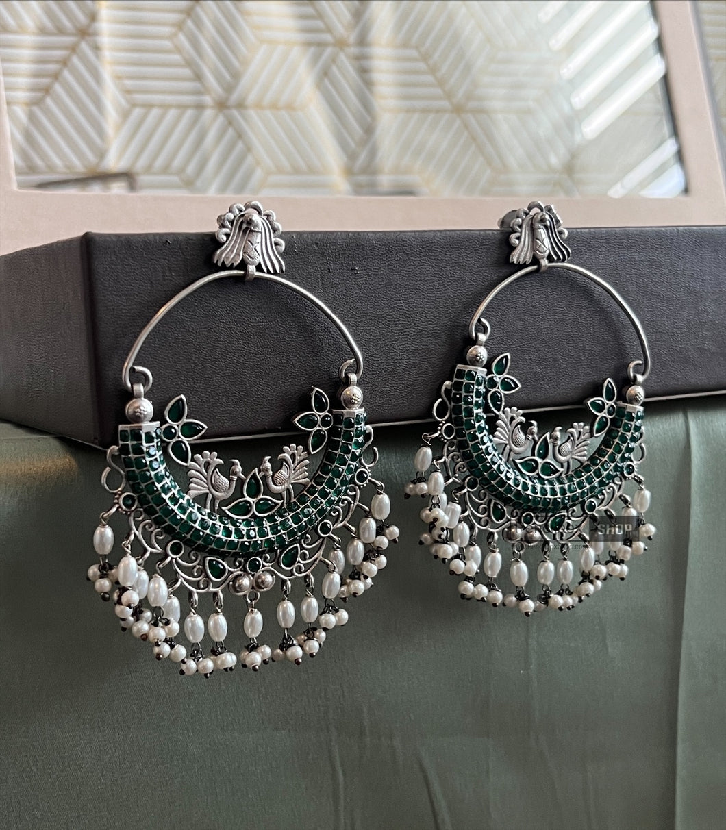 Peacock Big Statement Pearl German silver earrings