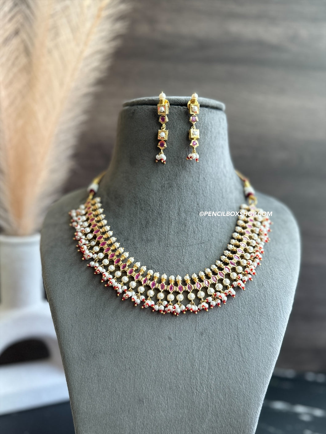 Ruby Real pearls Drop Dainty exclusive Premium necklace set