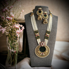 Load image into Gallery viewer, Long White pearl Long elephant Necklace set Temple Jewelry
