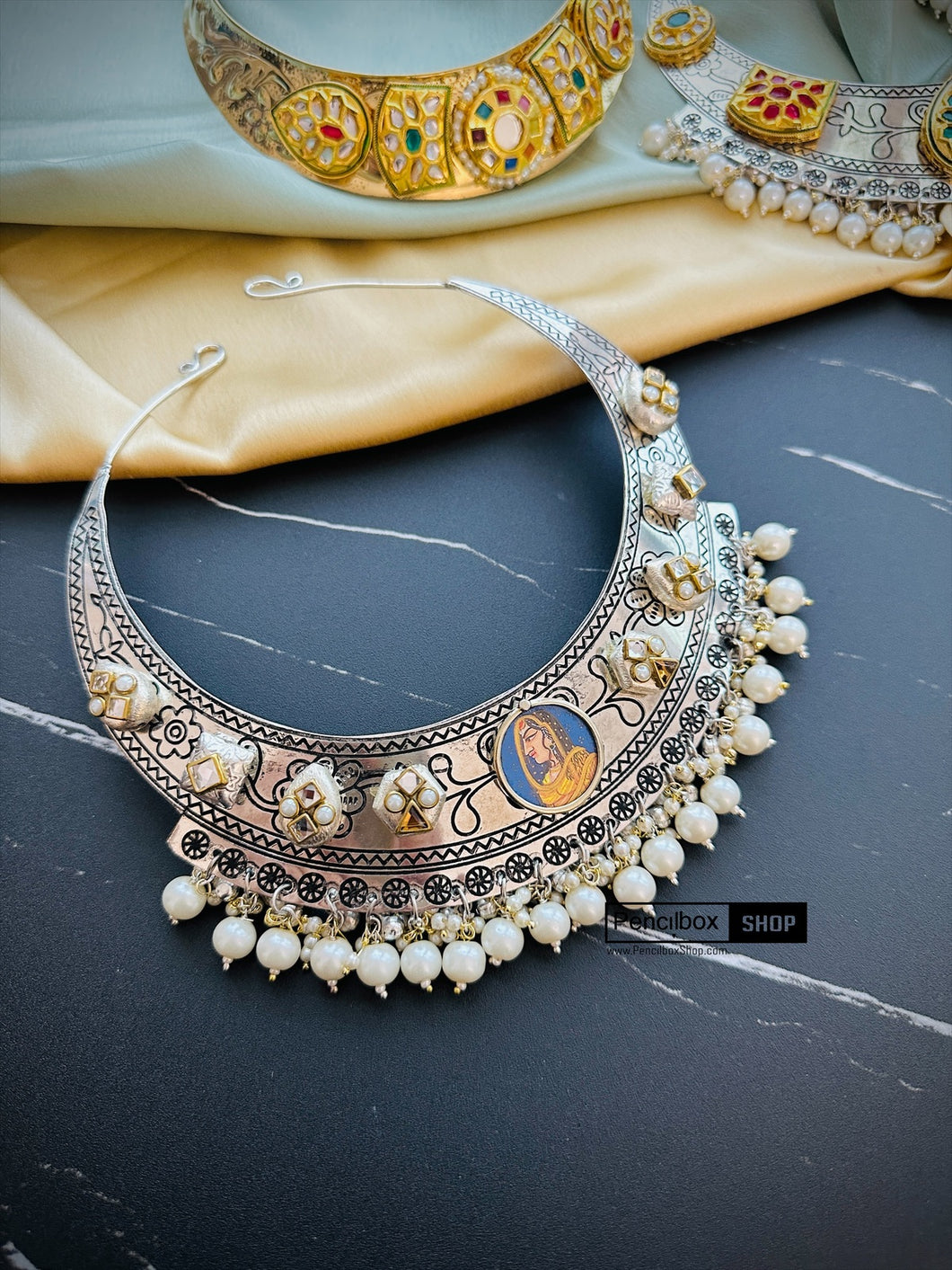 Lady Silver German silver Navratna Multicolor Hasli Necklace