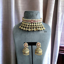 Load image into Gallery viewer, Ruby White Gold plated 1gm Lakshmi choker ethnic temple necklace set

