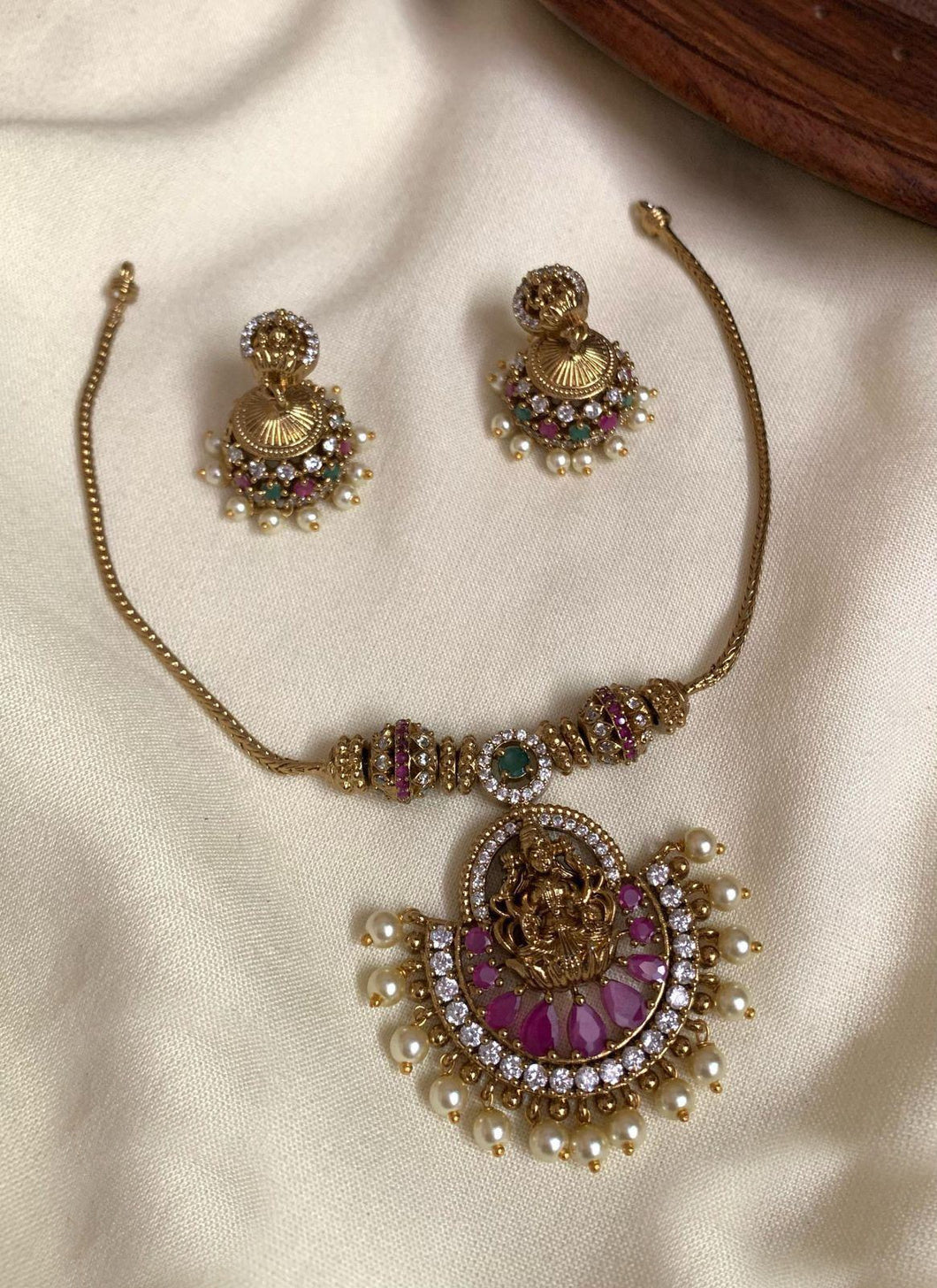 Lakshmi ji Ruby green Simple Pendant necklace set