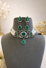 Load image into Gallery viewer, Green Silver Pearl Celebrity American Diamond Choker necklace set
