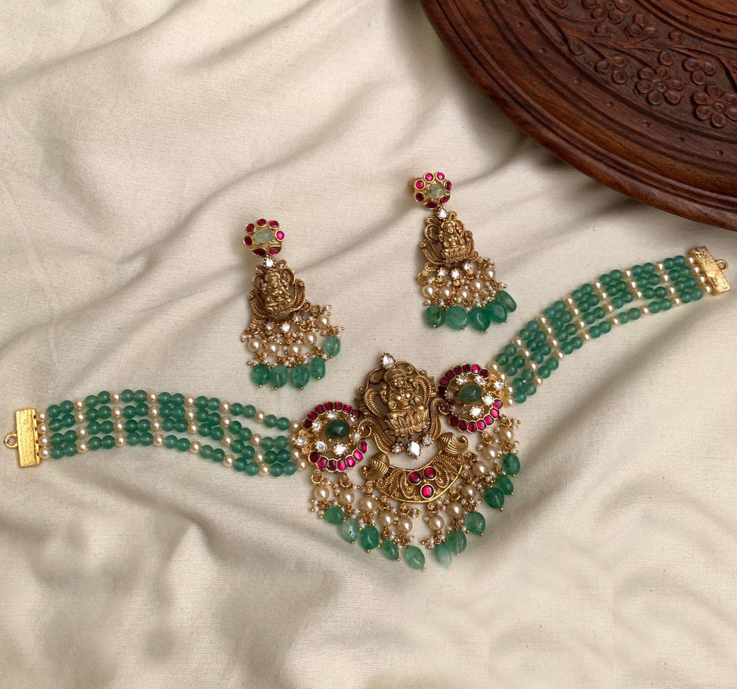 Premium Lakshmi ji  Pachi kundan choker Necklace Temple set