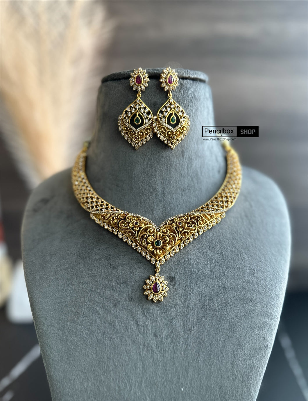 Multicolor Cz Floral Golden Finish Necklace set