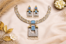 Load image into Gallery viewer, Firozi sky blue Nandi Fusion German Silver Dual tone Necklace set
