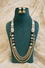 Load image into Gallery viewer, Sleek Heritage Rajwadi Dainty Green Pearl Long Mala Necklace set
