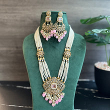 Load image into Gallery viewer, Pink Golden Polki Long Necklace Set
