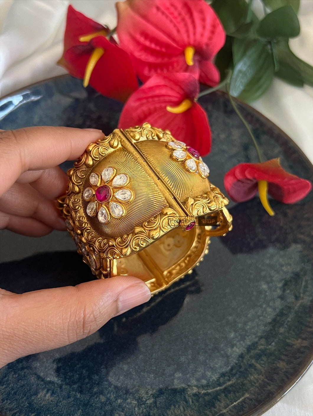 Ruby Kundan antique finish Statement Openable kada