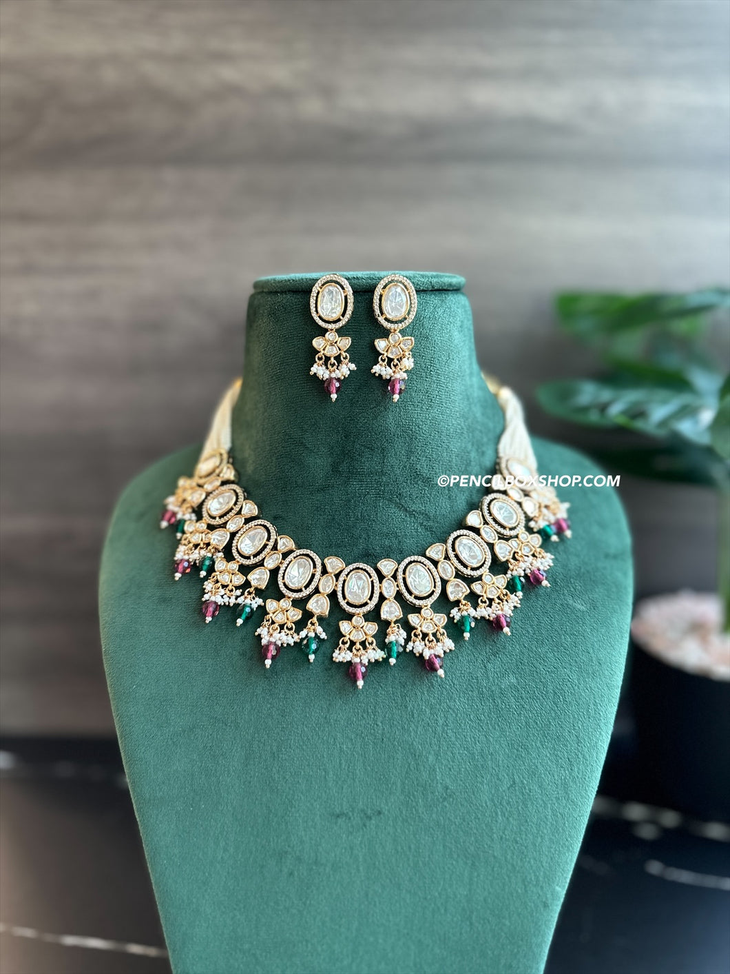 22k gold plated Ruby Green Tayani Tassel Necklace set
