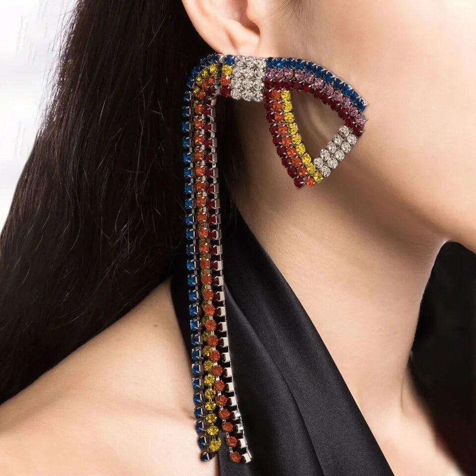 Very Long Multicolor Rhinestone summer Tassel Earrings IDW