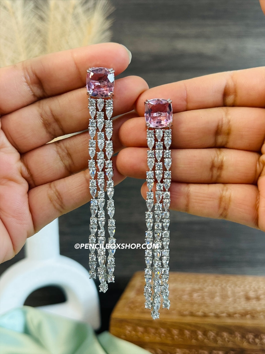 American diamond Long Silver Pink Dangling statement earrings