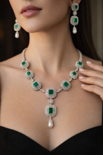 Load image into Gallery viewer, American diamond Emerald Green Doublet Pearl Designer Necklace set
