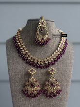 Load image into Gallery viewer, Purple Golden antique Finish Beads necklace set with maangtikka
