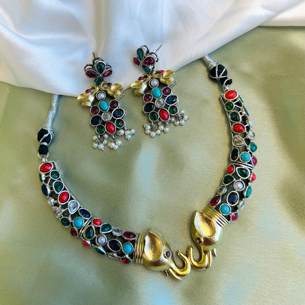 German silver Golden Elephant Hasli Necklace set