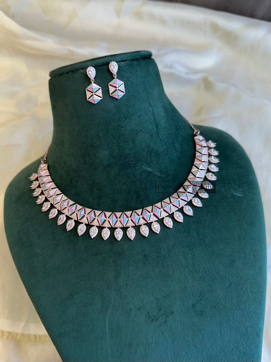 Premium Mint Pink American Diamond Rose Gold Finish necklace set