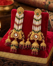 Load image into Gallery viewer, Ruby green Pearl Long Jhumka Statement Earrings
