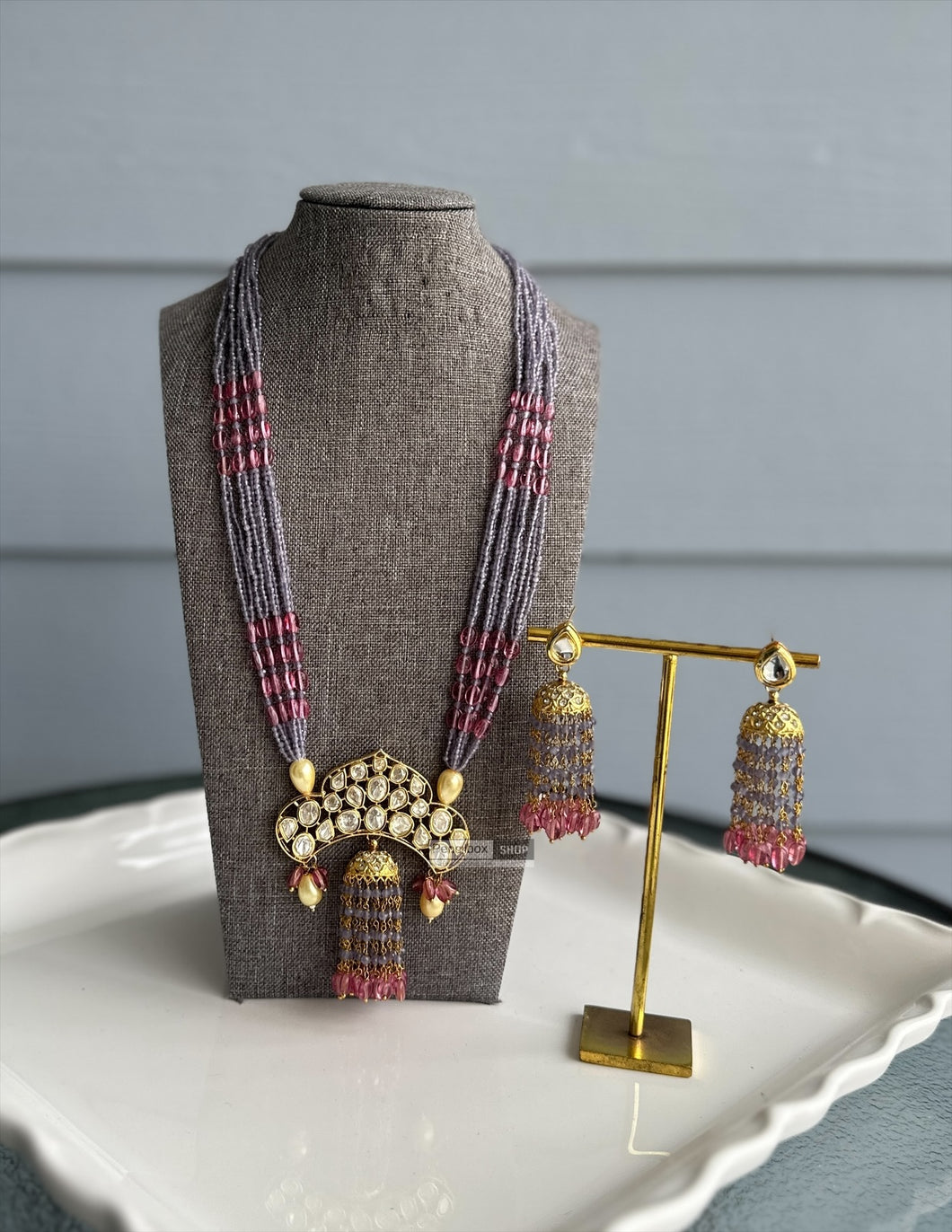 Purple pink 22k gold plated Tayani long Premium Necklace set