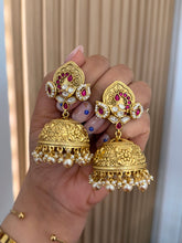 Load image into Gallery viewer, Amrapali Moissanite Kundan Peacock Gold Plated Ethnic Jhumka Earrings
