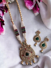 Load image into Gallery viewer, Multicolor Long kundan carved haram Necklace set templejewelry
