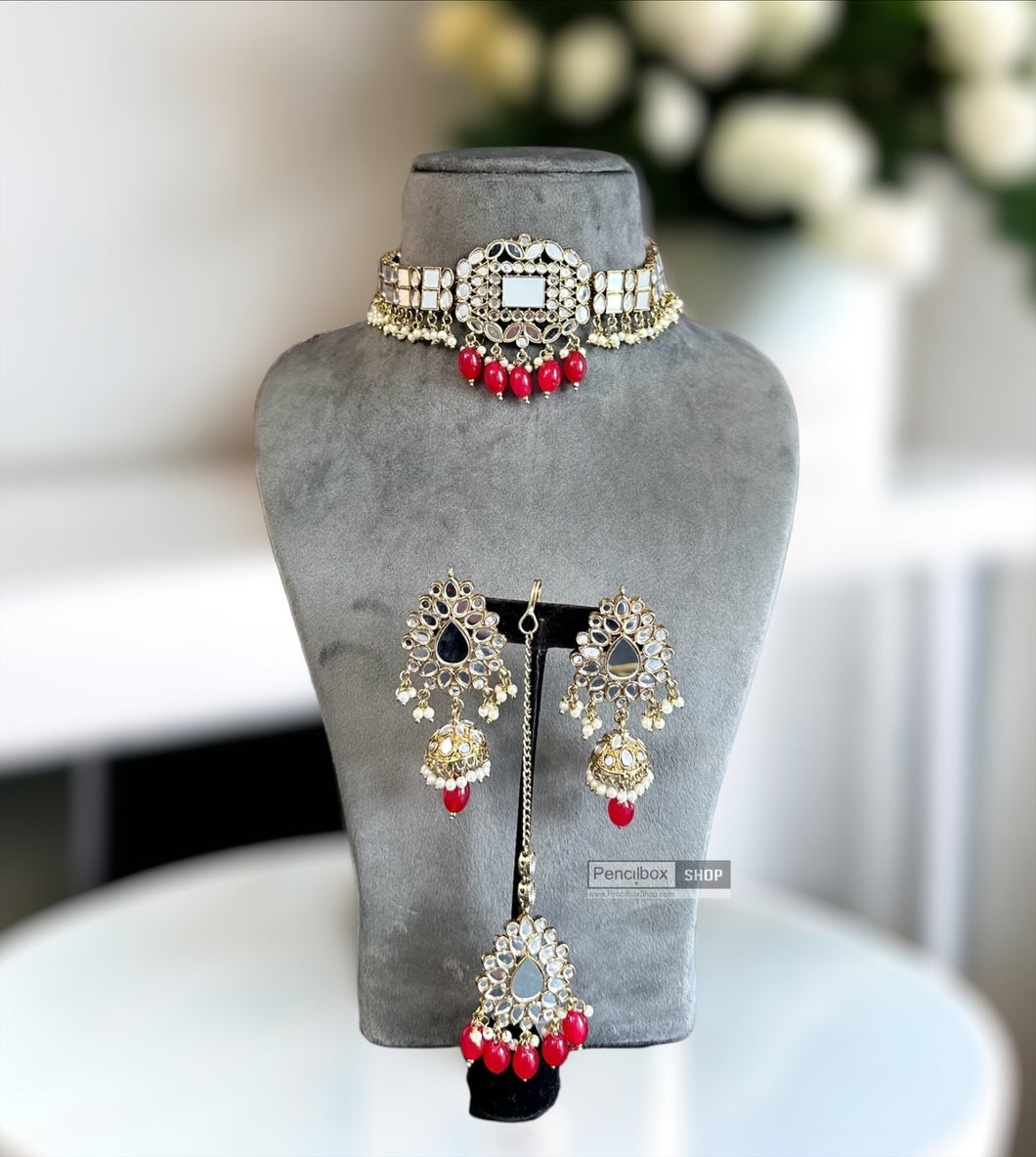 Nina Ruby pearl Premium Mirror choker necklace set with maangtikka