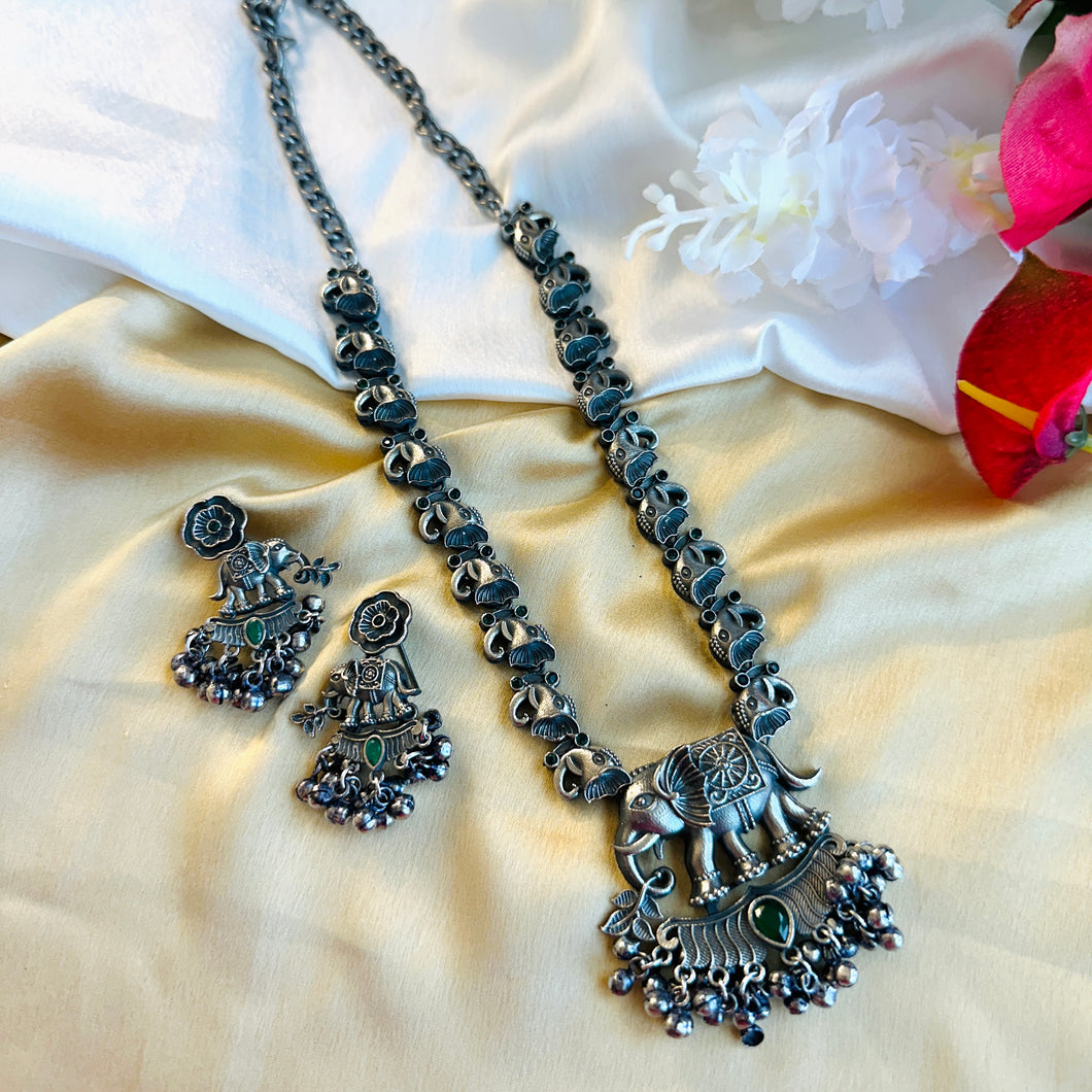 German Silver Elephant Ganesha Green Stone necklace set