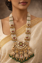 Load image into Gallery viewer, Rajwadi Pearl Heavy Long Mala Kemp stone Golden necklace set
