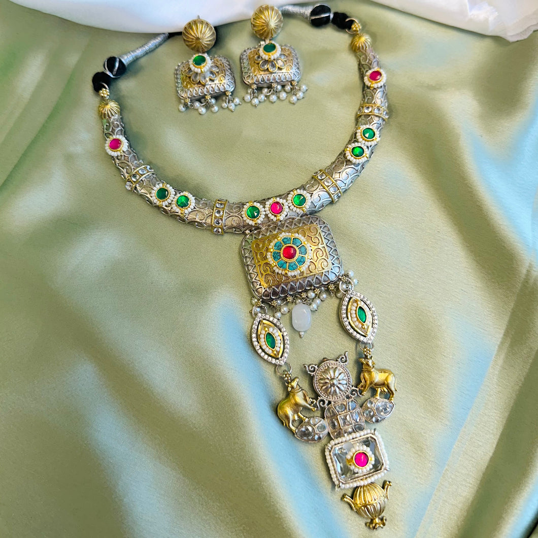 German silver Long Nandi Dual Tone Statement Necklace set