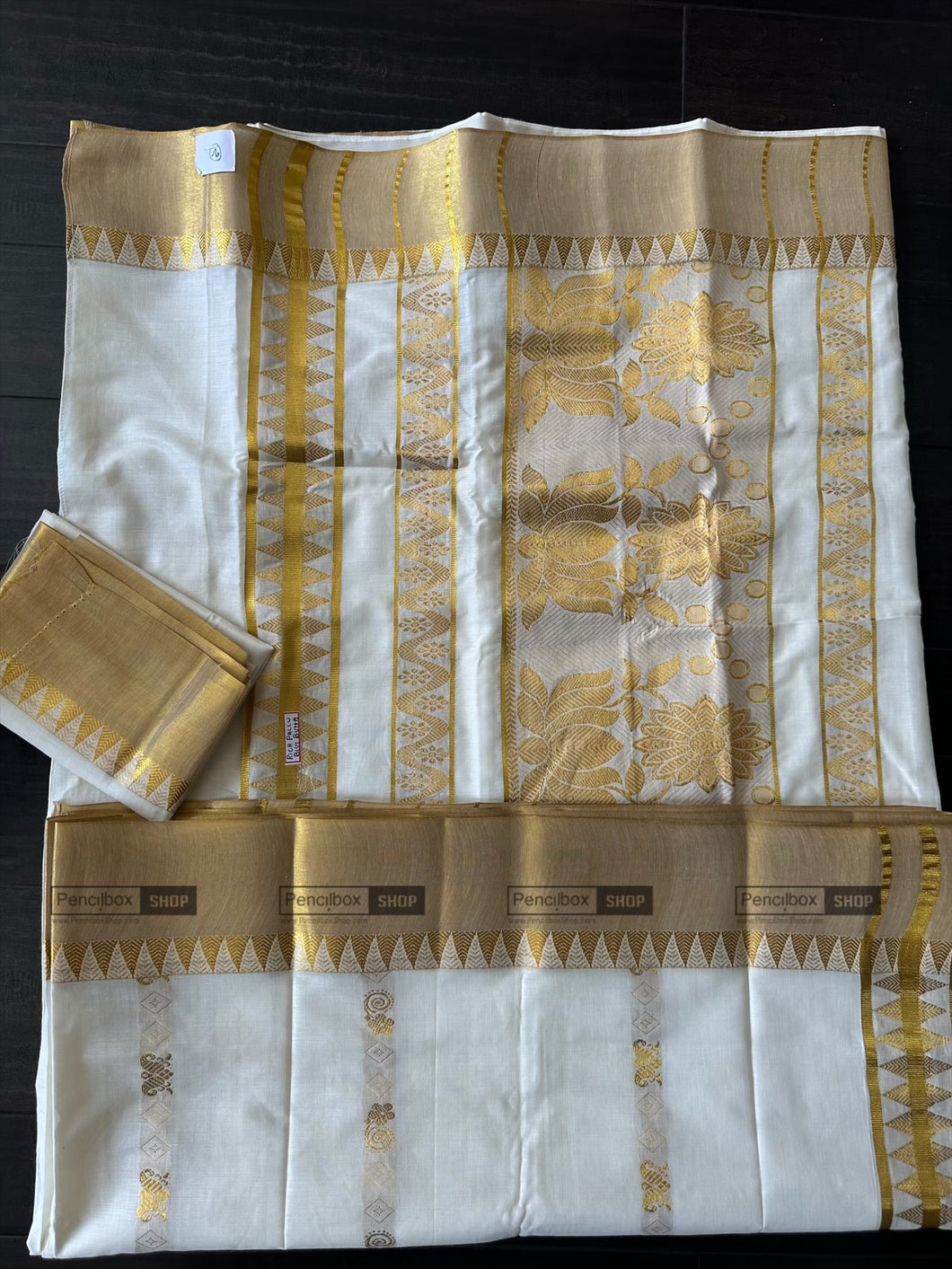 Onam Special Ivory Golden Lotus Cotton Kerala saree