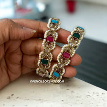 Load image into Gallery viewer, Polki Multicolor Stone Pearl Border Set of Bangles
