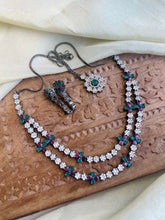 Load image into Gallery viewer, Two layer American Diamond Multicolor Victorian Polish Hanging Necklace set with maangtikka
