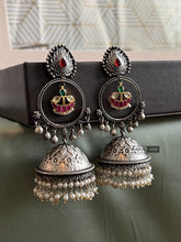 Load image into Gallery viewer, Long Dangling German Silver Pachi Kundan jhumka earrings
