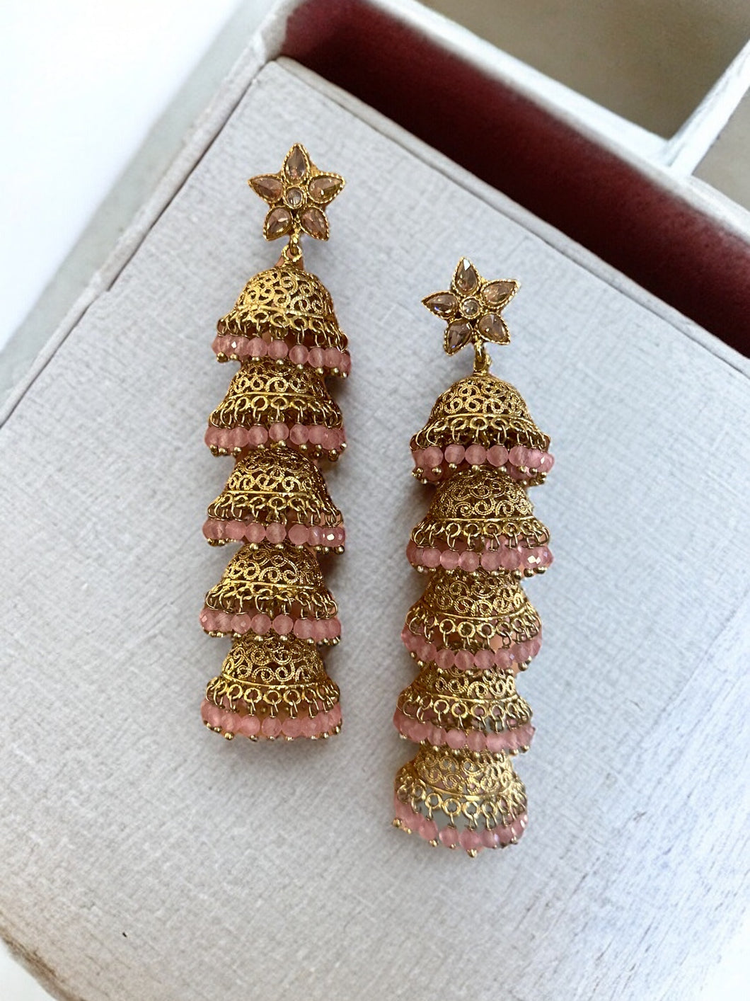 Long five layered polki jhumki pink Earrings