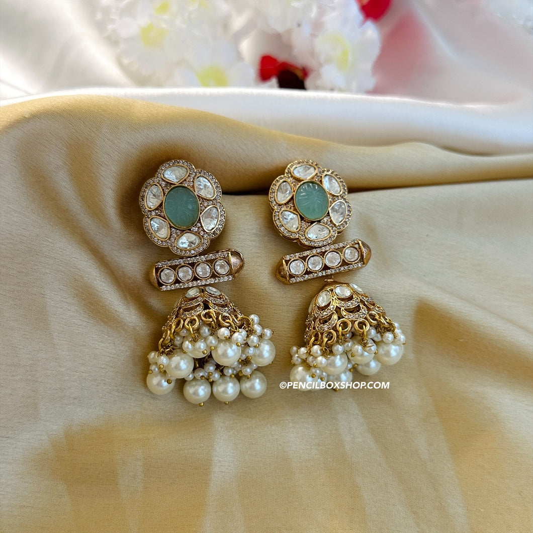 Mint Carved Moissanite pearl golden antique statement Jhumki earrings