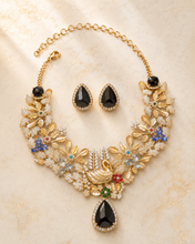 Load image into Gallery viewer, Peacock Black Theme Sabya floral gemstone premium necklace set
