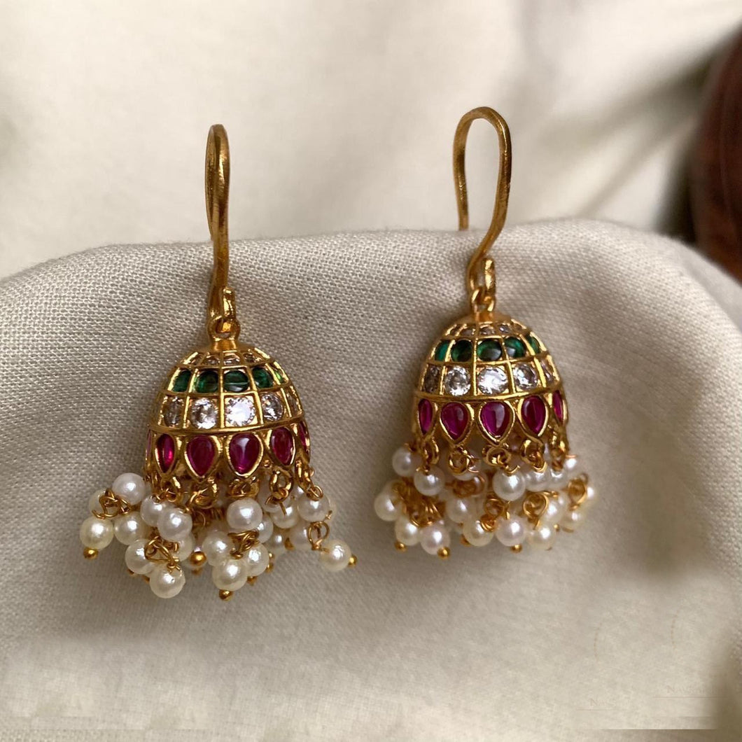 Small Kemp stone multicolor Fish Hook Jhumki Earrings