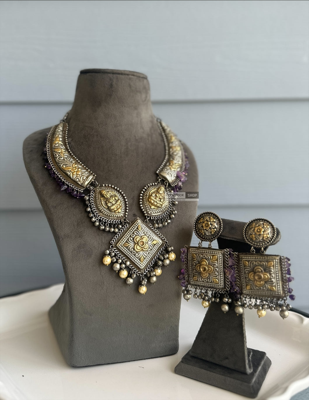 German Silver Purple Lakshmi ji Ghungroo Heavy Necklace set