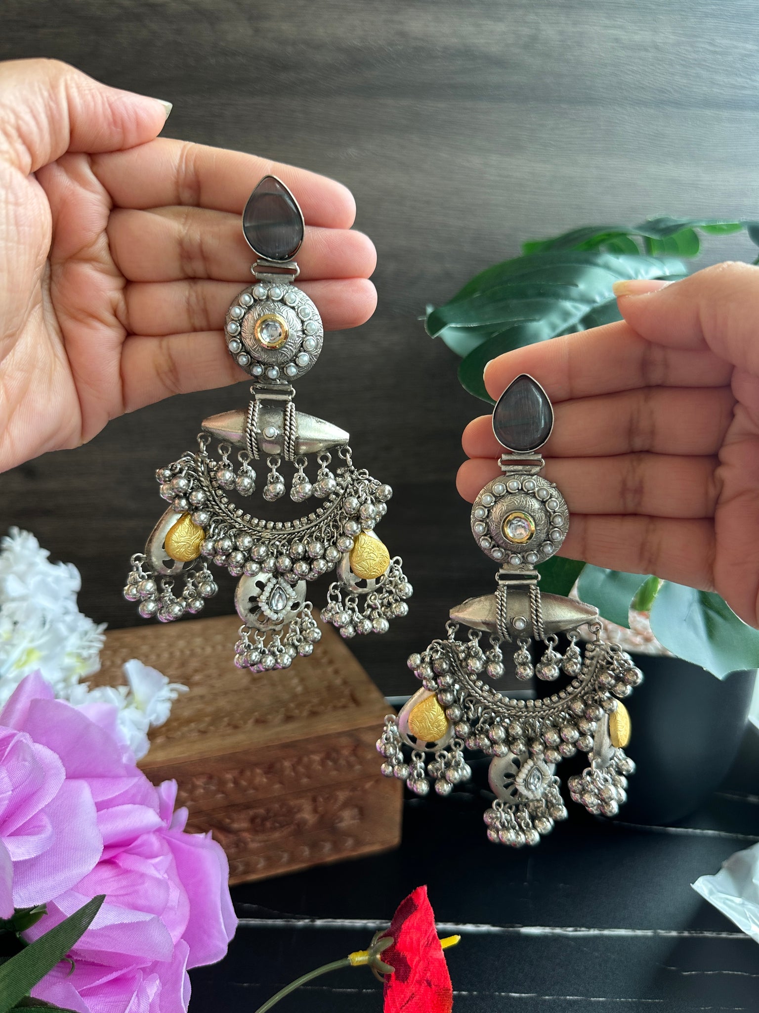 German silver Big Statement Silver beads Dual tone earrings