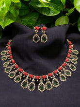 Load image into Gallery viewer, Golden Coral Dangling Temple Necklace set
