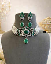 Load image into Gallery viewer, Green Silver Pearl Celebrity American Diamond Choker necklace set
