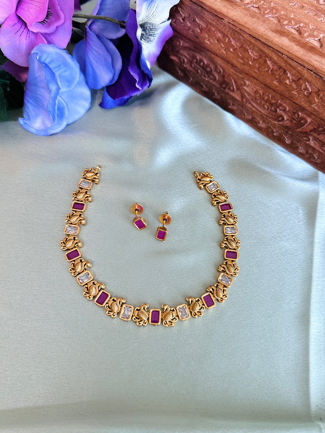 Peacock Dainty Golden Necklace set temple jewelry
