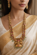 Load image into Gallery viewer, Pachi Kundan Long Lakshmi ji Golden Brass Temple necklace set
